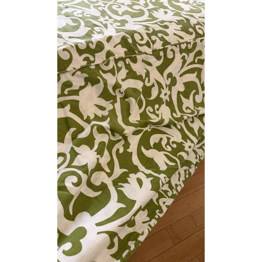 Pottery Barn Garden Gate Duvet Cover King Size Linen Cotton Green White Scroll